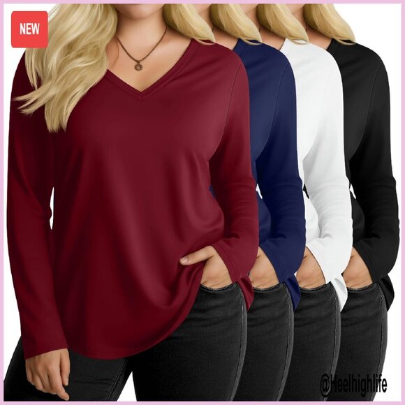 Plus Size Long Sleeve V-Neck T-Shirts 4-Pack Loose Fit Casual Tops